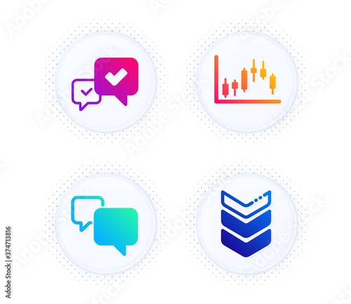 Speech bubble, Approve and Candlestick graph icons simple set. Button with halftone dots. Shoulder strap sign. Chat message, Accepted message, Finance chart. Army rank. Education set. Vector
