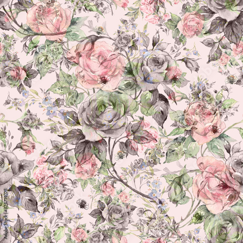 Seamless pattern lovely roses and peonies with foliage