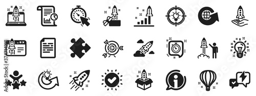 Launch Project, Business report, Target icons. Startup icons. Strategy, Development plan, Startup space rocket. Air balloon, Out of the Box strategy and Business innovation report. Vector
