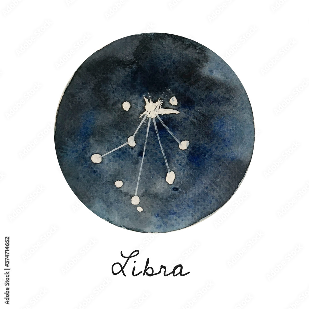 Fototapeta premium Astrology, stars constellation of libra, watercolor illustration of galaxy, space, starry sky. Dark blue background of space.