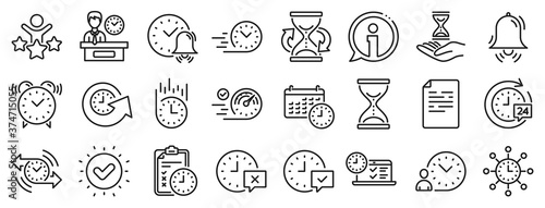Set of Calendar, Time management timer and Delivery service linear icons. Time line icons. Checklist, Stopwatch timer and hourglass. 24 hours and Presentation, calendar, checklist test. Vector