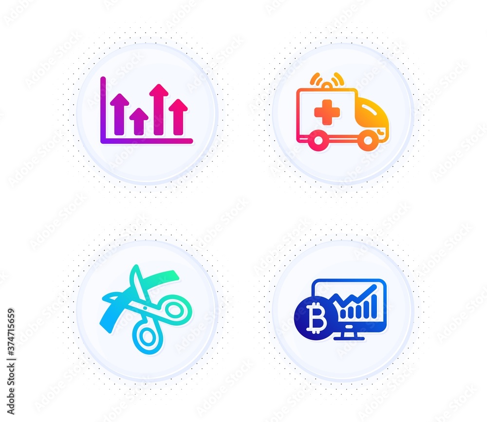 Upper arrows, Ambulance car and Scissors icons simple set. Button with halftone dots. Bitcoin chart sign. Growth infochart, Emergency transport, Cutting ribbon. Cryptocurrency statistics. Vector