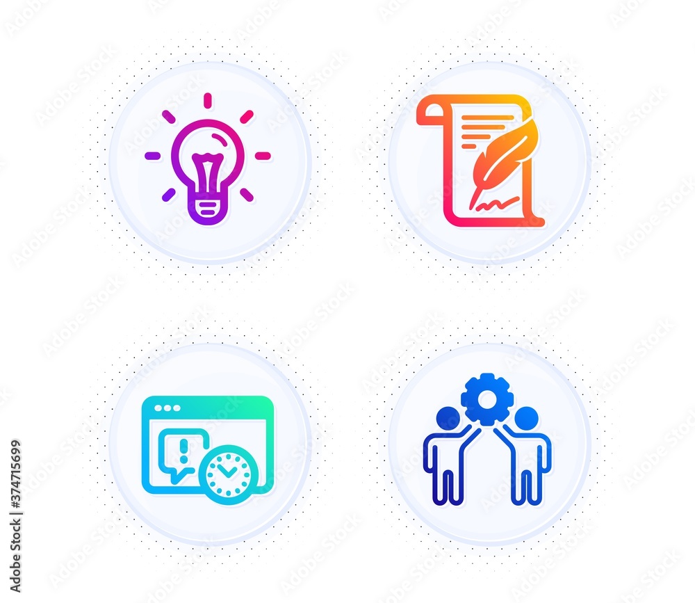 Idea, Feather and Project deadline icons simple set. Button with halftone dots. Employees teamwork sign. Light bulb, Copyright page, Time management. Collaboration. Science set. Vector