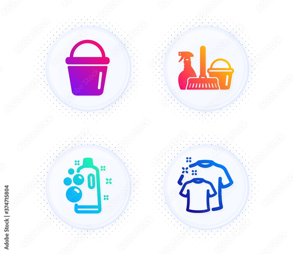 Clean bubbles, Household service and Bucket icons simple set. Button with halftone dots. Clean t-shirt sign. Laundry shampoo, Cleaning equipment, Washing equipment. Laundry shirt. Cleaning set. Vector