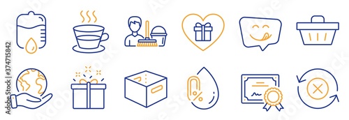 Set of Business icons, such as Reject refresh, Shopping basket. Certificate, save planet. Romantic gift, Special offer, Yummy smile. Office box, No alcohol, Cleaning service. Vector