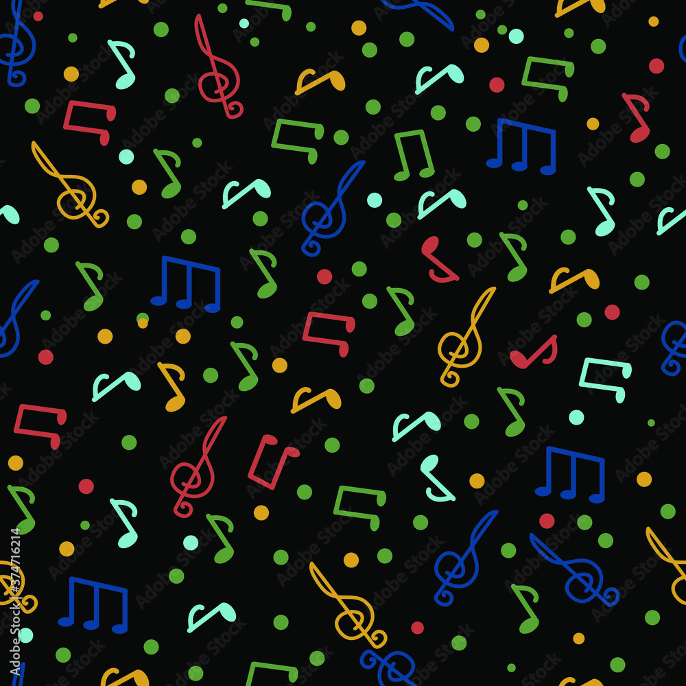 Vector musical seamless pattern in doodle style with colored notes. Delicate, musical background. For wrapper or cover. Cheerful drawing.