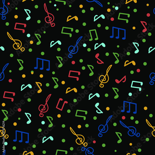 Vector musical seamless pattern in doodle style with colored notes. Delicate, musical background. For wrapper or cover. Cheerful drawing.