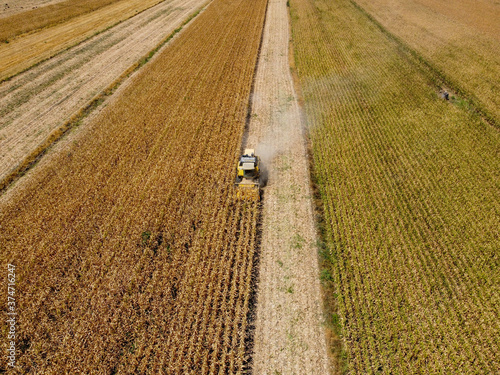 Aerial view of combine harvester. Harvest of rice field. Industrial background on agricultural theme. Food production from above. Agriculture and environment in the Turkey, European Union.