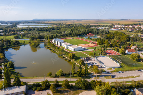 Hungary Szekesfehervar city with small lake and park