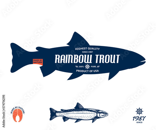 Vector rainbow trout label isolated on a white background. Trout raw steak and fish illustration