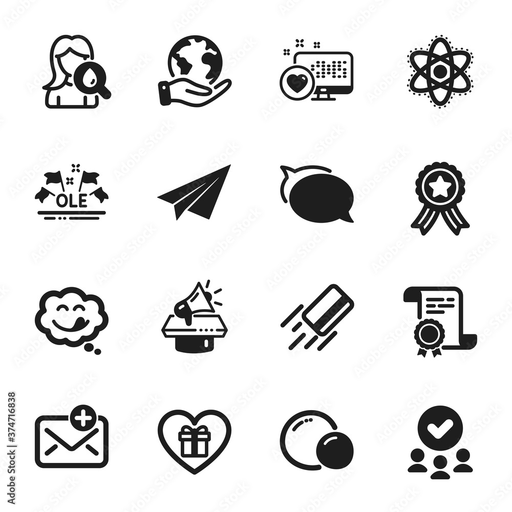 Obraz premium Set of Business icons, such as Talk bubble, Paper plane. Certificate, approved group, save planet. Ole chant, Moisturizing cream, Yummy smile. Credit card, Chemistry atom, Megaphone. Vector