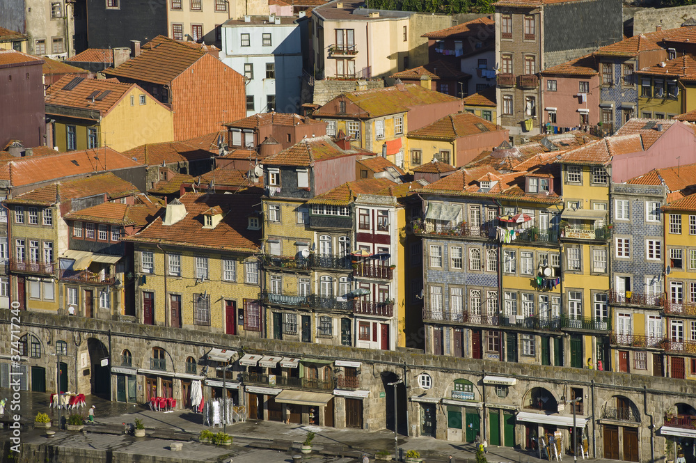 panoramic view on the old Houses of Ribeira, Porto, Portugal