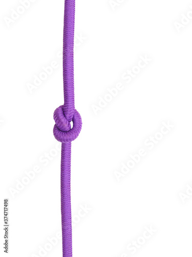 Varicolored rope with knot on white background (isolated).
