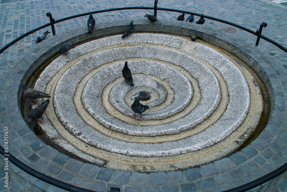 Fuente de agua en espiral sobre el suelo de la plaza del Consejo de Brasov utilizada por palomas y otros animales para beber. Rumanía.