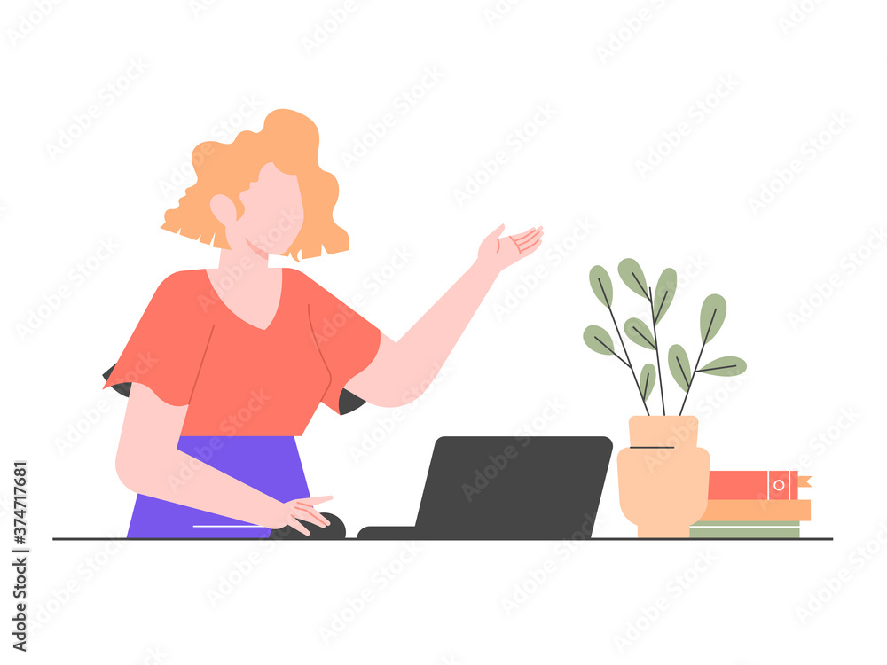 Cute female character with laptop. Freelance work, online meeting, remote project management. Vector flat illustration. Cute female character with laptop. Freelance work, online meeting, remote project management. Vector flat illustration.