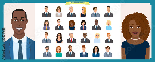 Business avatars set.Young smiling business people in round icons.Vector illustration of flat design people characters.Cute, simple cartoon style.Man, woman in business clothes.Positive business team