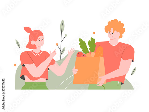 Couple with a package of fresh food. Vegetables and fruits. Go green. Healthy eating. Grosery. Vector flat illustration.