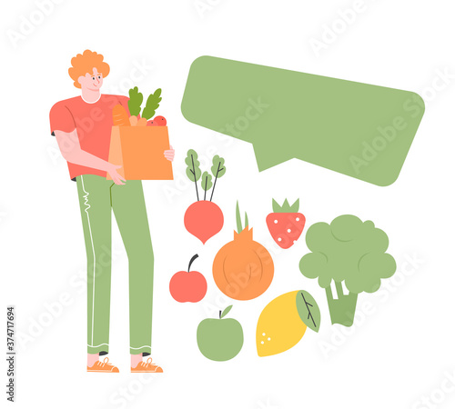 Young guy with a package of fresh food in his hands. Healthy food, vegetables and fruits. Vector flat illustration.