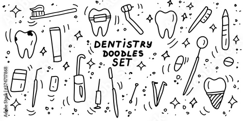 Dentistry doodles icon set. Hand drawn lines stomatology, dental, odontology cartoon collection. Teeth, dentures, orthodontic, dental instruments. Vector illustration.