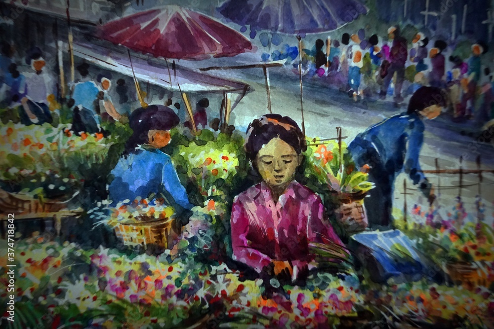 Art watercolor  painting ,  flower  market  thailand  , design , background from thailand