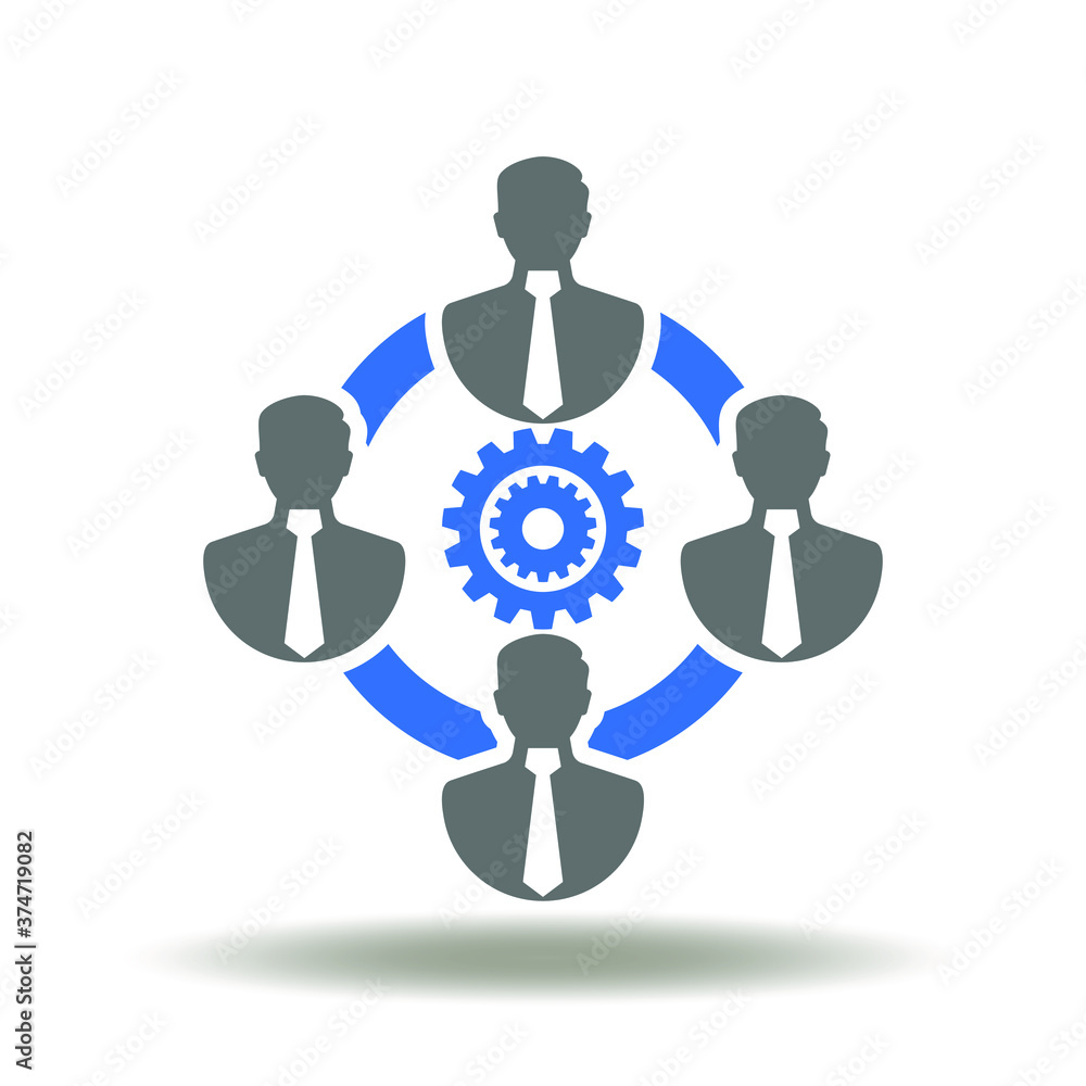 Businessman group meeting with gears mechanism icon vector. Coordination business logo. Organization office work illustration. Businessman group meeting with gears mechanism icon vector. Coordination business logo. Organization office work illustration.