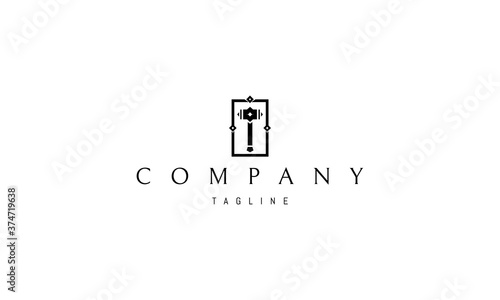 Vector logo on which an abstract image of an ancient war hammer in a rectangular frame.