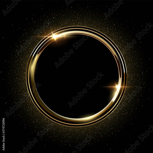 Golden round metal circle rings with sparkles background. Shining abstract frame. Yellow shiny circular lines. Modern futuristic graphic vector illustration. Flares glowing effect