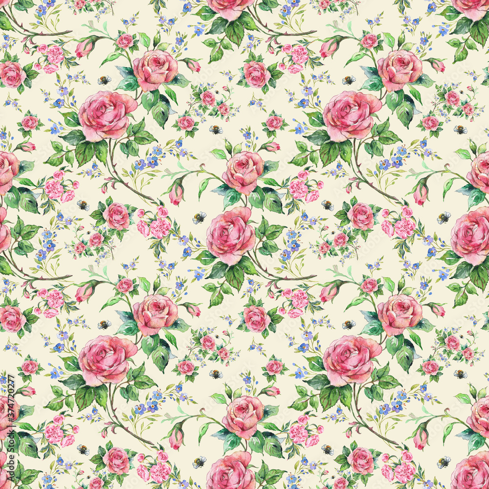 Seamless pattern lovely roses and peonies with foliage