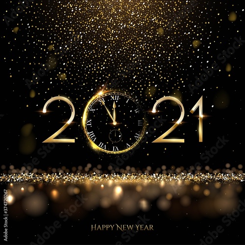Happy new year clock countdown background. Gold glitter shining in light with sparkles abstract celebration. Greeting festive card vector illustration. Merry holiday poster or wallpaper design