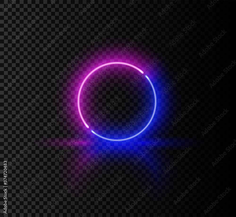 Realistic glossy pink and blue neon round frame. Soft light effect blank template isolated on black background. Vector illustration of glow laser circle shape, futuristic design. Realistic glossy pink and blue neon round frame. Soft light effect blank template isolated on black background. Vector illustration of glow laser circle shape, futuristic design.