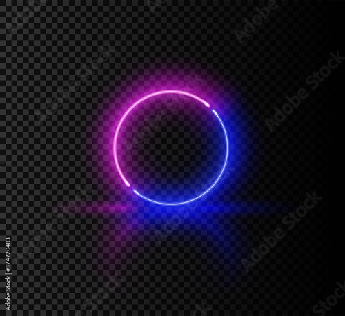 Realistic glossy pink and blue neon round frame. Soft light effect blank template isolated on black background. Vector illustration of glow laser circle shape, futuristic design.