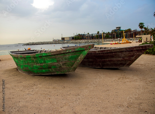 Boats on the La Mer beach in Jumeirah area, Dubai, UAE.