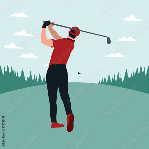a man swing golf stick in the golf field - colorful flat illustrations