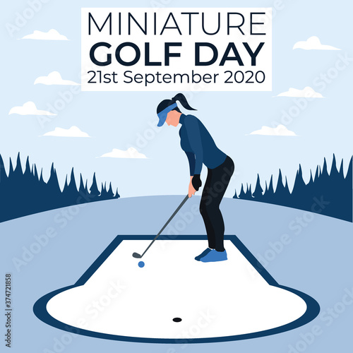 a woman playing golf - miniature golf day - two tone flat illustrations