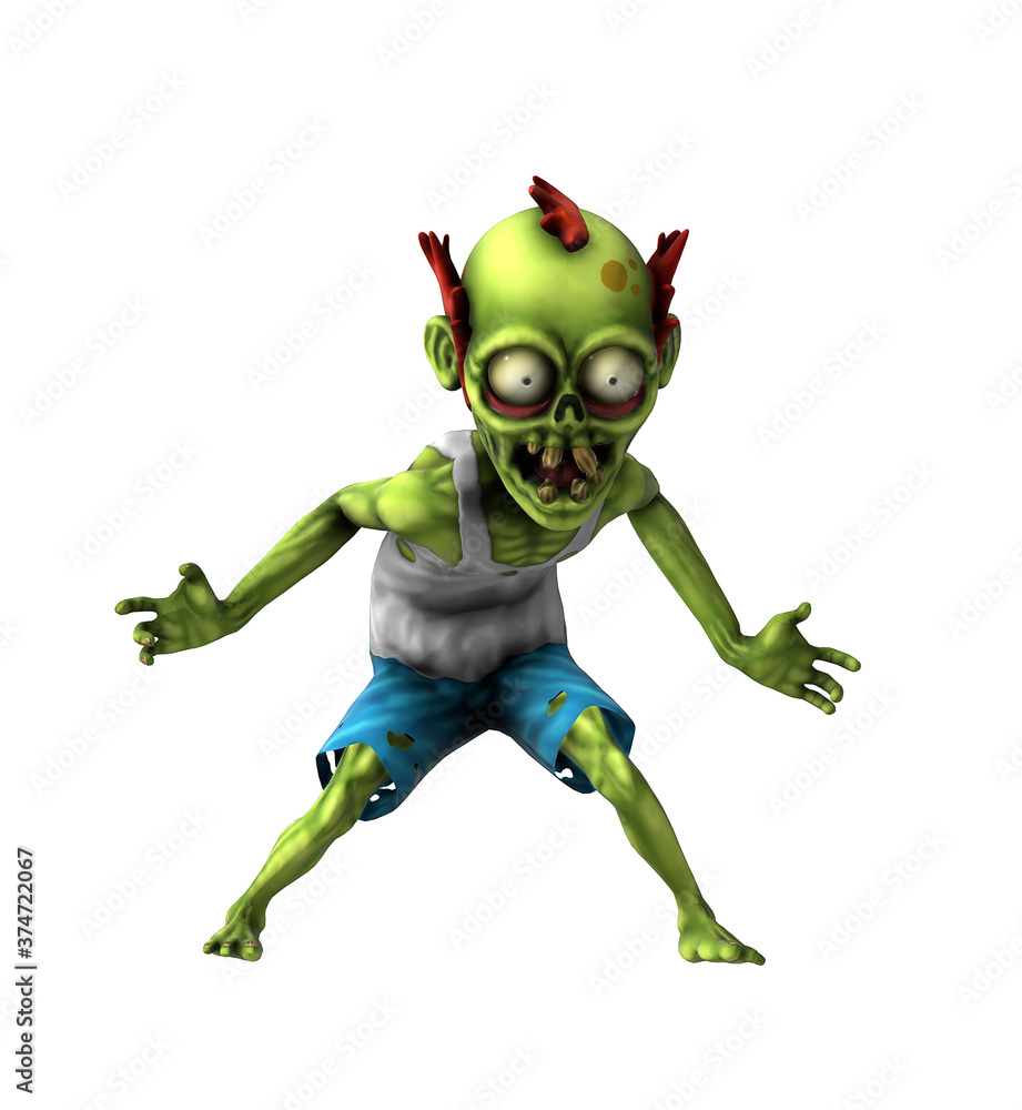 3D rendering of a zombie attacking isolated on a white background. Funny cartoon character for Halloween design. 3D rendering of a zombie attacking isolated on a white background. Funny cartoon character for Halloween design.