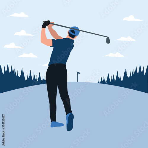 a man swing golf stick in the golf field - two tone flat illustrations