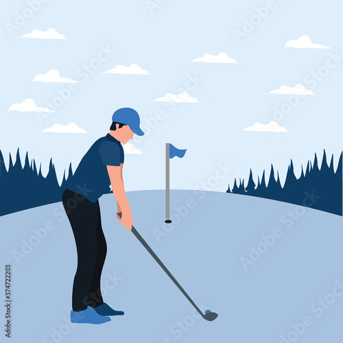 a man training golf on the sunny day - two tone flat illustrations