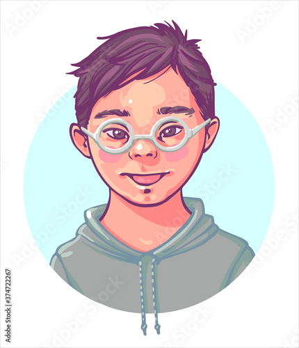 Down Syndrome. Color portrait of a boy with Down syndrome 4-5 years old, a cute smiling boy with glasses in a hoodie. Нand drawn Vector illustration Isolated on white background.