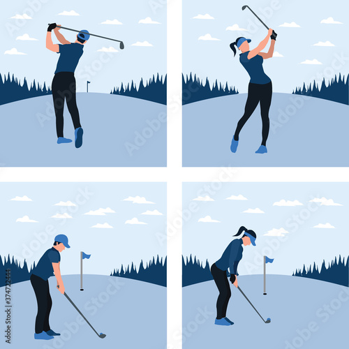 a man and woman training golf on the sunny day - two tone flat illustrations set