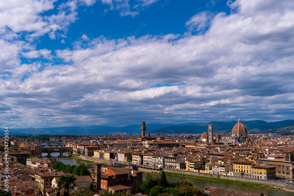 Panorama of Florence, Italy with views of the Duomo and Ponte Vecchio