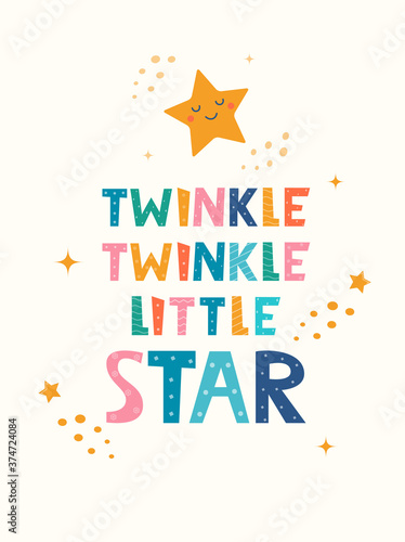 Hand drawn lettering Twinkle Twinkle Little Star for print, clothes, greeting card, children's room decor. Kids print. Letting little star and stars in the Scandinavian style. Vector illustration.