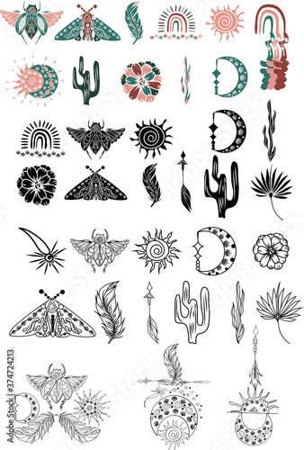 Clipart of hand drawn bohemian silhouette for decoration with bug, sun, rainbow. Set of Colorful Boho chic design with cactus, arrow. Outline vector set of ethnic element, indian object, symbol