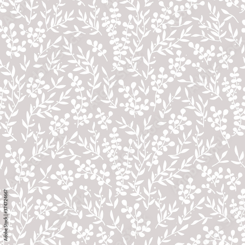 Vector seamless border with doodle forest and meadow plants. Grey and white. Hand drawn abstract background for frames, posters, textile