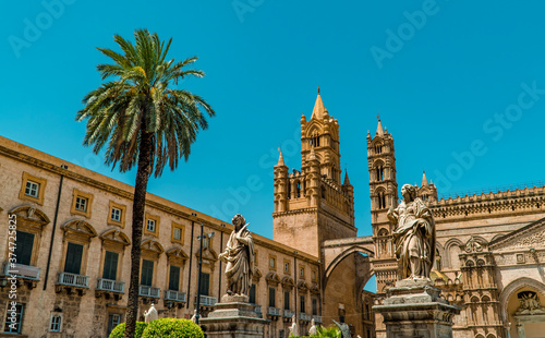 The beautiful Arab Norman Cathedral in Palermo, Sicily, Italy with palm tree © Jack Krier