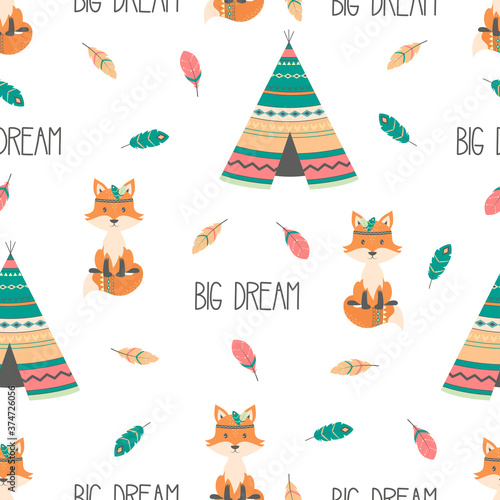 tribal seamless pattern with fox, vector illustration