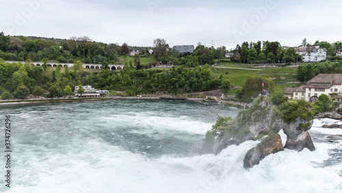 The Rhine Falls, panoramic landscape at cloudy day