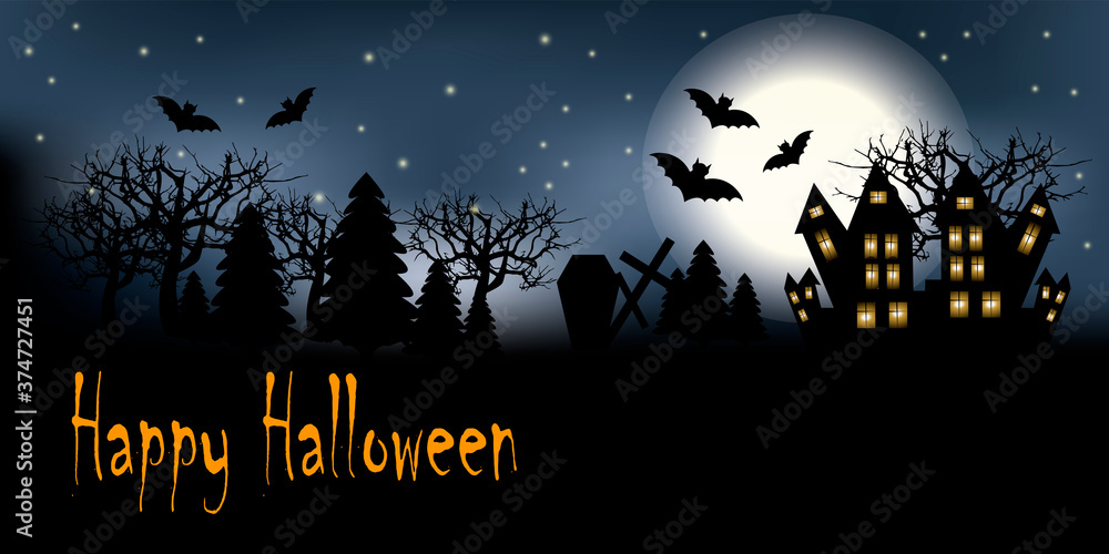 grungy Halloween background with haunted house, bats and full moon