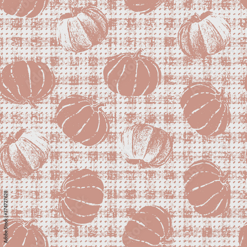 Watercolor pumpkin seamless vector pattern on linen fabric textures background foe Harvest festival or Thanksgiving day. repeating print. Halloween design wall paper digital printable designs 
