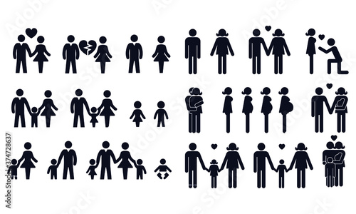 Love and family life black & white icon set 