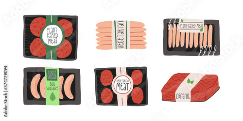 Packs of meat healthy alternative for vegetarians or vegans. Organic, plant-based patty melt, barbecue sausages, mince.